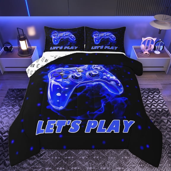 Manfei Kids Game Console Bedding Comforter Set,Geometric Circle Dot Twin Comforter Sets,Black Blue Bedding Set For Boy,Ultra Soft Home Decor Reversible,2 Pieces