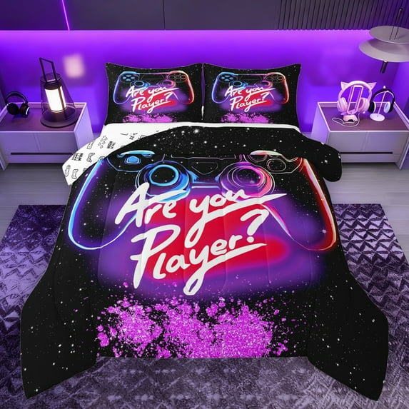 Manfei Kids Game Console Full Size Comforter Sets,Chic Sparkling Bedding Comforter Set,Pink Purple Black Bedding Sets For Boy,Ultra Soft Home Decor Reversible,3pcs