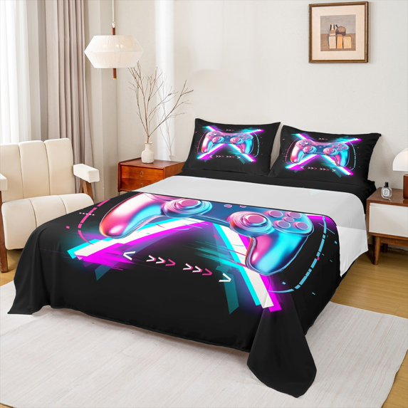 Manfei Kids Game Console Full Size Sheets,Modern Video Gamepad Bed Sheets,Watercolor Neon Sheet Sets For Boy,Ultra Soft Home Decor,4pcs