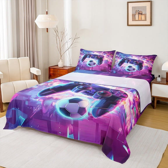 Manfei Kids Game Console Twin Sheet Sets,Football Soccer Pattern Twin Fitted Sheet,Red Blue Black Flat Sheet For Boy,Ultra Soft Home Decor,3pcs