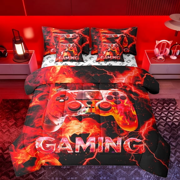 Manfei Kids Gamepad Controller 7-Piece Bedding Comforter Set,Console Video Gaming King Bedding Sets,Red Black Bed Sheets For Boys,Luxury Bedroom Decor Reversible