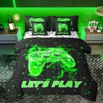 Manfei Kids Gamepad Controller 7-Piece Twin Bedding Sets,Console Video Game Bedding Comforter Set,Green Polka Dots Sheet Sets For Boys,Luxury Bedroom Decor Reversible