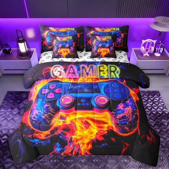 Manfei Kids Gamepad Controller 7-Piece Twin Bedding Sets,Console Video Gamer Bedding Comforter Set,Orange Blue Sheet Sets For Boys,Luxury Bedroom Decor Reversible