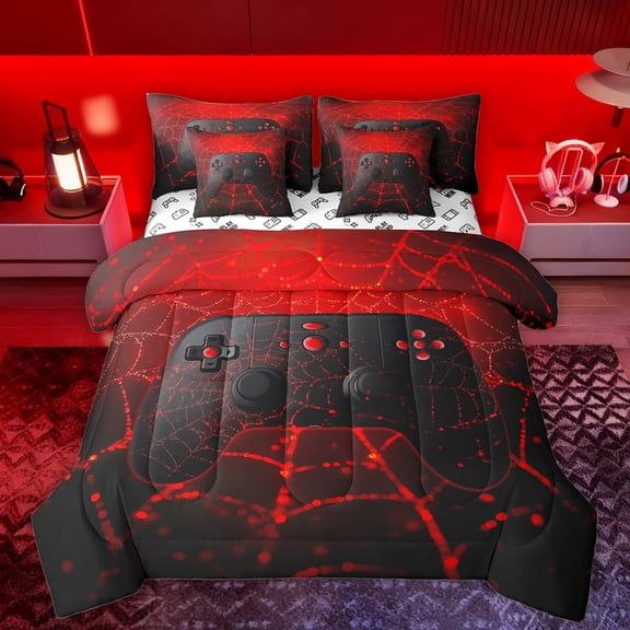 Manfei Kids Gamepad Controller 7 Pieces Bedding Comforter Set,Console Video Game Full Bedding Set,Black Red Fitted Sheet Flat Sheet For Boys,Luxury Bedroom Decor Reversible