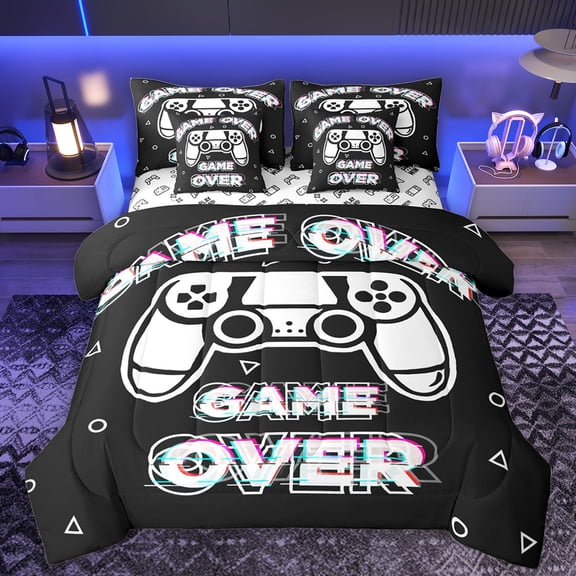 Manfei Kids Gamepad Controller Bedding Comforter Set 7pcs, Black Game Console King Bedding Sets, Cartoon Video Game Theme Reversible Bed Sheets, Breathable Home Decor