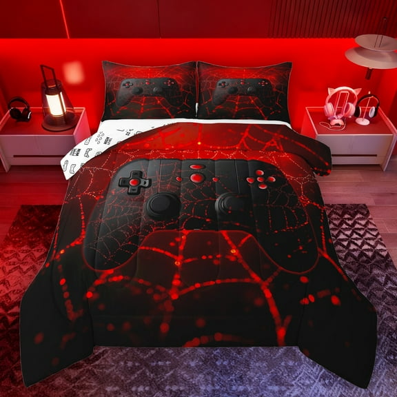 Manfei Kids Gamepad Controller Bedding Comforter Set,Console Video Game Twin Comforter Sets,Black Red Bedding Set For Boys,Luxury Bedroom Decor Reversible,2-Piece