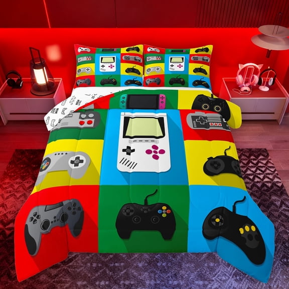 Manfei Kids Gamepad Controller Bedding Comforter Set,Console Video Game Twin Comforter Sets,Rainbow Patchwork Plaid Bedding Set For Boys,Luxury Bedroom Decor Reversible,2-Piece