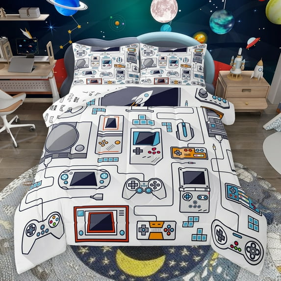Manfei Kids Gamepad Controller Bedding Comforter Set,Console Video Game Twin Comforter Sets,White Blue Bedding Set For Boys,Luxury Bedroom Decor Reversible,2-Piece