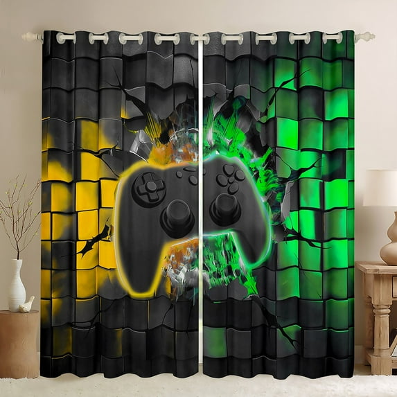 Manfei Kids Gamepad Controller Curtains Pack of 2 (42x84 Each),Console Video Game Curtains Blackout,Yellow Green Buffalo Bedroom Curtains For Boys,Luxury Bedroom Decor