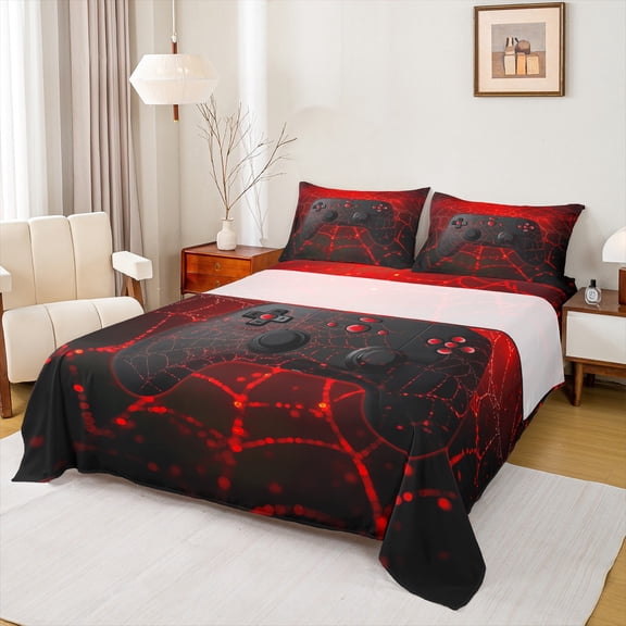 Manfei Kids Gamepad Controller Queen Sheet Sets,Console Video Game Flat Sheet,Black Red Queen Fitted Sheet For Boys,Luxury Bedroom Decor,4pcs
