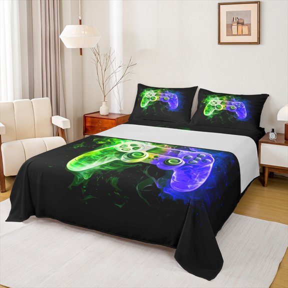 Manfei Kids Gamepad Controller Twin Sheet Sets,Console Video Game Twin Fitted Sheet,Green Purple Ombre Flat Sheet For Boys,Luxury Bedroom Decor,3pcs
