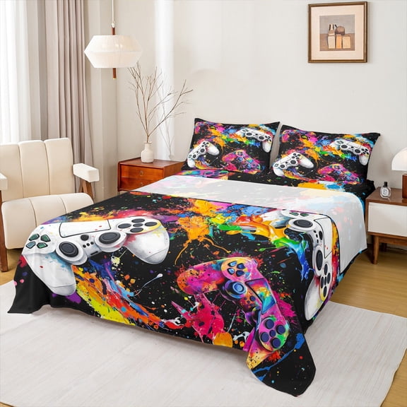 Manfei Kids Gamepad Controller Twin Sheet Sets,Console Video Game Twin Fitted Sheet,Watercolor Splatter Ink Flat Sheet For Boys,Luxury Bedroom Decor,3-Piece