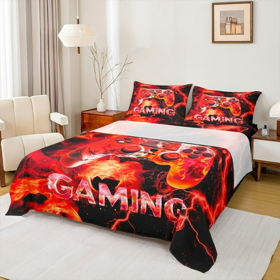 Manfei Kids Gamepad Controller Twin Sheet Sets,Console Video Gaming Twin Fitted Sheet,Red Black Flat Sheet For Boys,Luxury Bedroom Decor,3 Pieces