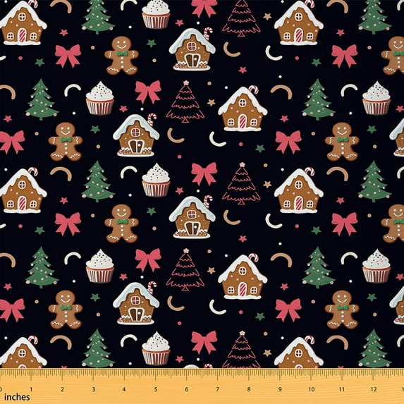 Manfei Kids Gingerbread House Fabric by the Yard 2 Yards, Cute Bow Knot Xmas Tree Room Decor Fabric by the Yard, Colorful Stars Polka Dots Fabric for Sewing, Black