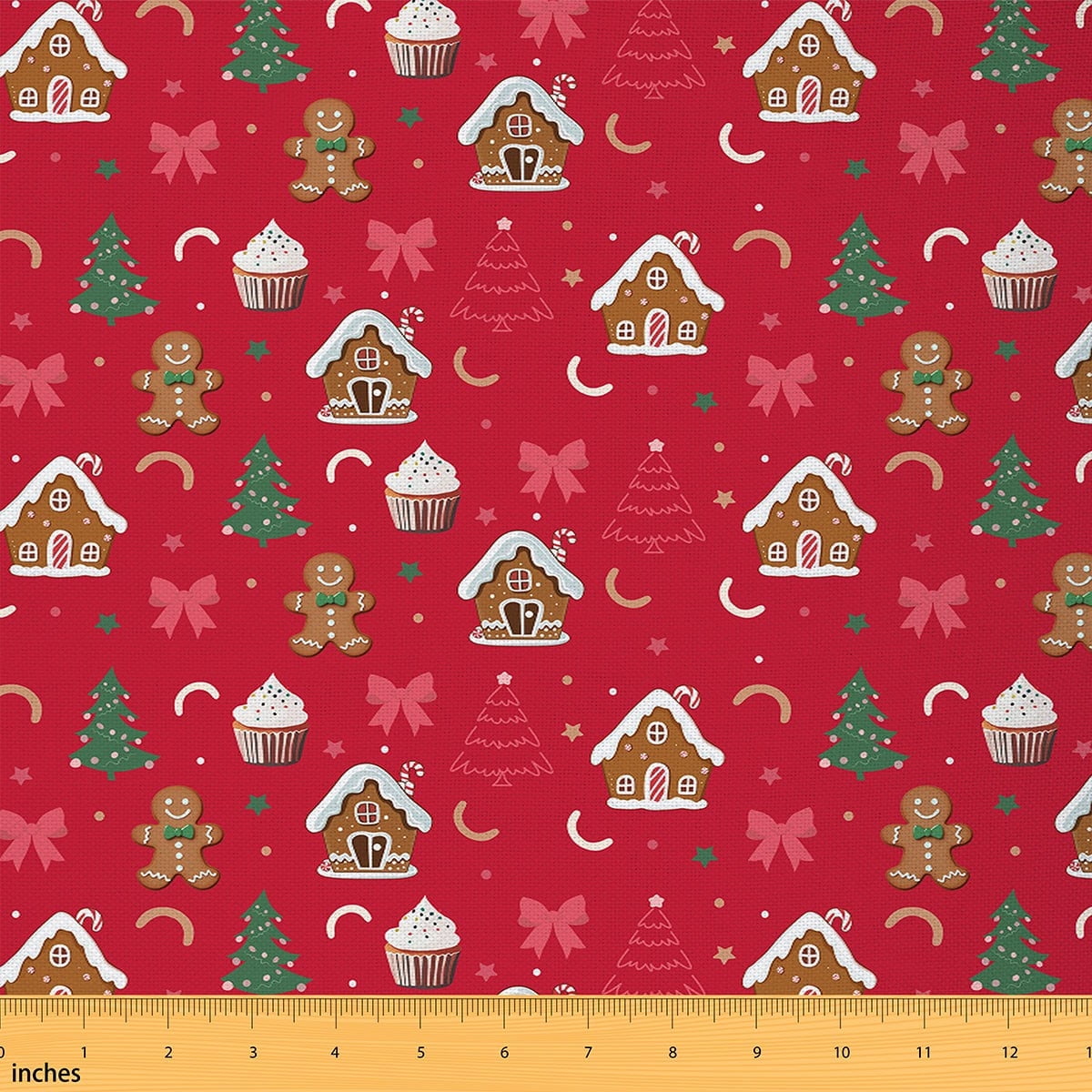 Manfei Kids Gingerbread House Fabric by the Yard 3 Yards, Cute Bow Knot Xmas Tree Fabric for Sewing, Colorful Stars Polka Dots Home Decor Fabric by the Yard, Red
