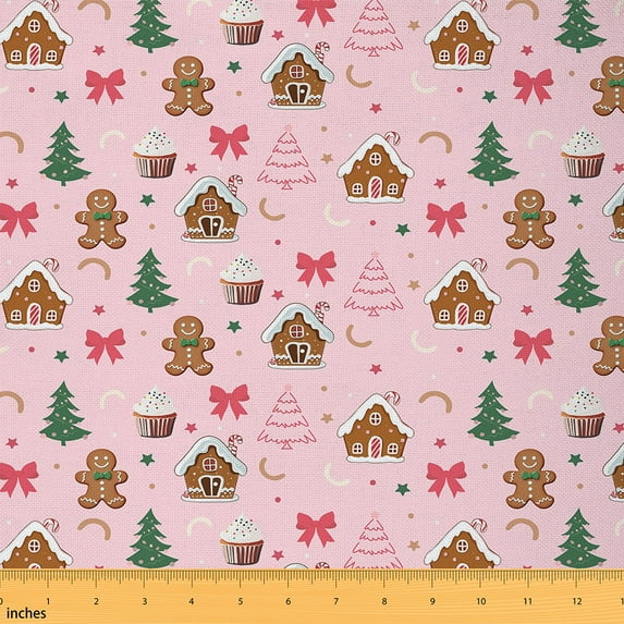 Manfei Kids Gingerbread House Fabric by the Yard 5 Yards, Cute Bow Knot Xmas Tree Home Decor Fabric by the Yard, Colorful Stars Polka Dots Sewing Fabric, Pink