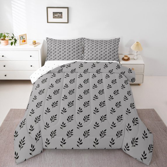 Manfei Kids Grey Leaf Queen Comforter Set, Rustic Farmhouse Bedding Sets, Plant Botanical Reversible Bedding Comforter Set, Breathable Home Decor, 3pcs