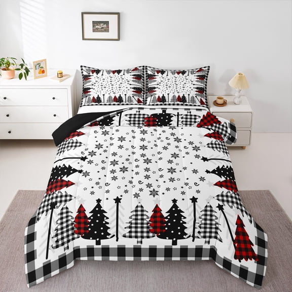 Manfei Kids Happy Christmas Bedding Comforter Set, Buffalo Xmas Tree Twin Comforter Sets, Cartoon Snowflake Print Reversible Bedding Set, Lightweight Room Decor, 2-Piece