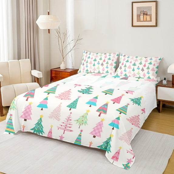 Manfei Kids Happy Christmas Full Size Sheets, Green Pink Xmas Tree Bed Sheets, Cartoon Snowflake Gifts Print Sheet Sets, Lightweight Room Decor, 4-Piece