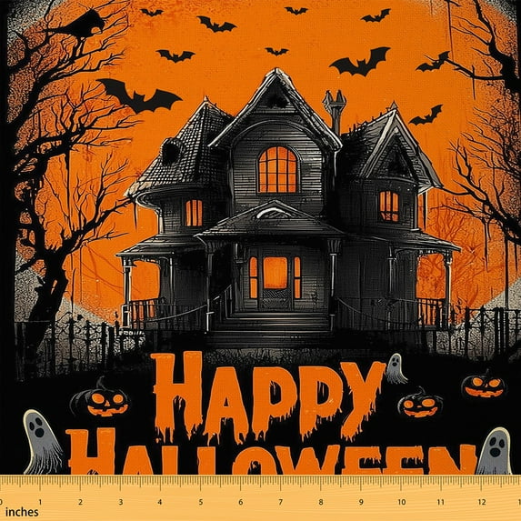 Manfei Kids Happy Halloween Fabric by the Yard 3 Yards, Creepy Castle Fabric for Sewing, Gothic Tomb Grave Bat Home Decor Fabric by the Yard, Ultra Soft Black Orange Home Decor