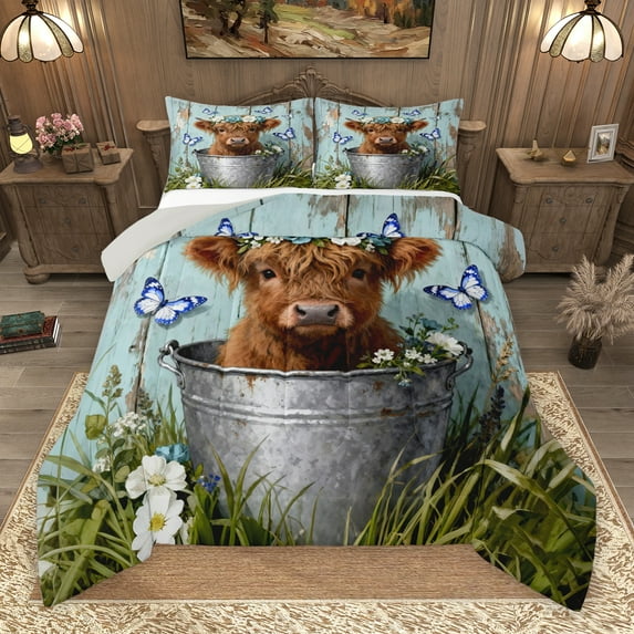 Manfei Kids Highland Cattle Full Size Comforter Sets, Vintage Blue Wooden Plank Bedding Comforter Set, Rustic Butterfly Reversible Bedding Sets, Luxury Bedroom Decor, 3-Piece