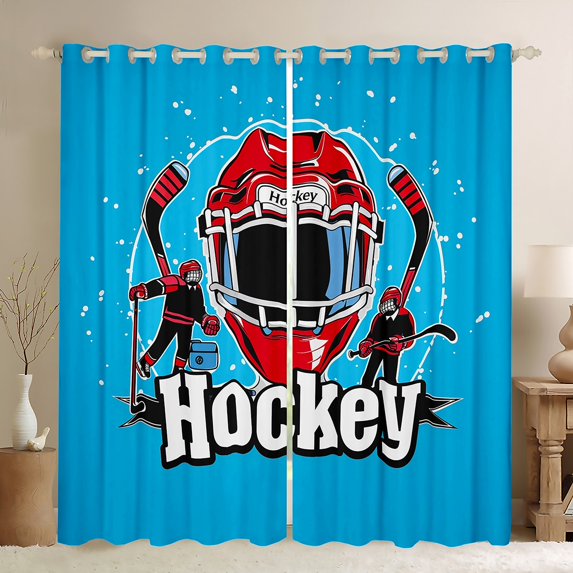 Manfei Kids Hockey Game Blackout Curtains Set of 2 (52x84 Each),Ball Sport Theme Window Curtains,Red Blue White Curtains and Drapes For Kids Boy,Microfiber Bedroom Decor