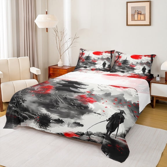 Manfei Kids Japanese Samurai Bed Sheets, Grey Red Ink Art King Sheets, Ancient Tokyo Scenery Sheet Set, Breathable Home Decor, 4 Pieces