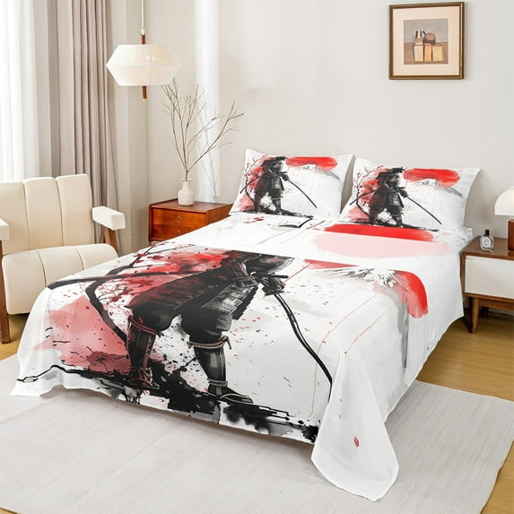 Manfei Kids Japanese Samurai Queen Sheet Sets, Watercolor Ink Art Flat Sheet, Ancient Tokyo Scenery Queen Fitted Sheet, Luxury Bedroom Decor, 4 Pieces