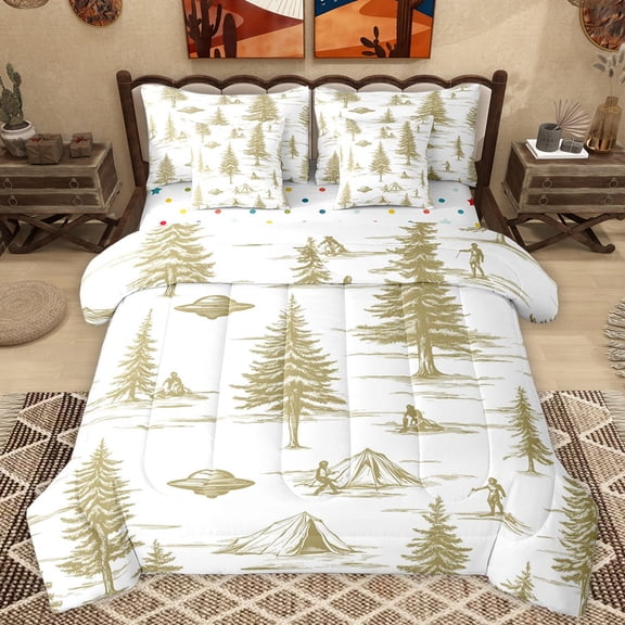 Manfei Kids Jungle Adventure Bedding Comforter Set 7 Pieces, Cartoon Mystic Spaceship Full Bedding Set, Rustic Khaki Pine Tree Reversible Fitted Sheet Flat Sheet, Ultra Soft Bedroom Decor