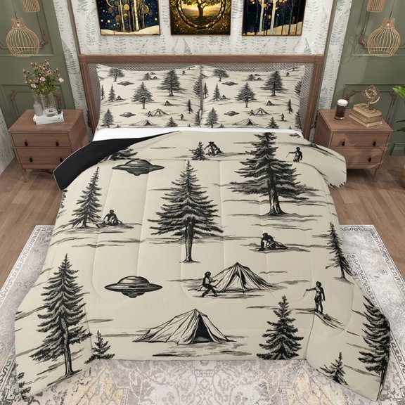 Manfei Kids Jungle Adventure Full Size Comforter Sets, Cartoon Mystic Spaceship Bedding Comforter Set, Pebble Grey Pine Tree Reversible Bedding Sets, Luxury Bedroom Decor, 3-Piece