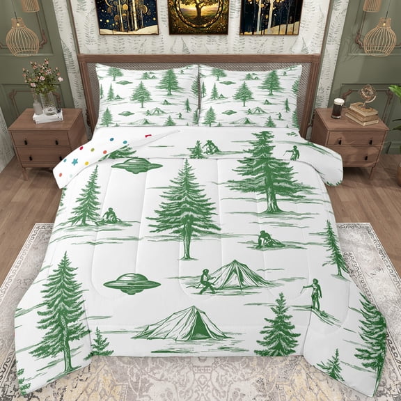 Manfei Kids Jungle Adventure Queen Comforter Set, Cartoon Mystic Spaceship Bedding Sets, Cartoon Green Pine Tree Reversible Bedding Comforter Set, Luxury Bedroom Decor, 3-Piece