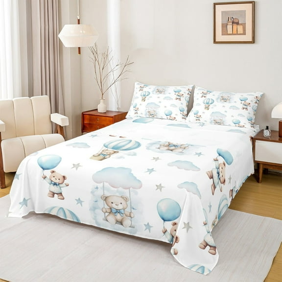 Manfei Kids Kawaii Bear Bed Sheets, Dreamy Cartoon Style King Sheets, Stars Cloud Print Sheet Set, Luxury Bedroom Decor, 4 Pieces