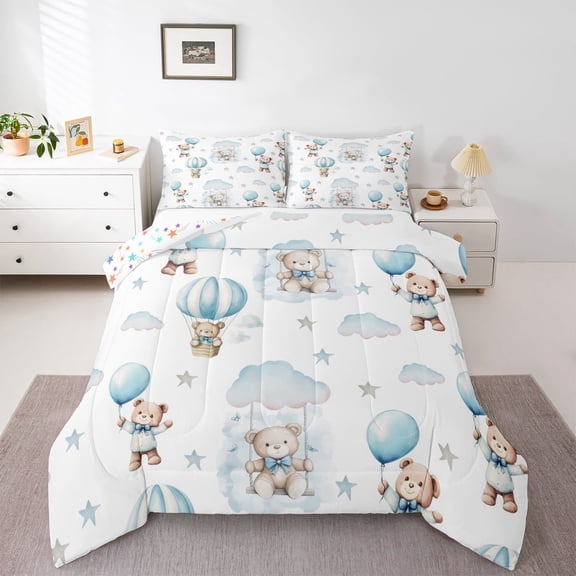 Manfei Kids Kawaii Bear Bedding Comforter Set, Dreamy Cartoon Style Twin Comforter Sets, Stars Cloud Print Reversible Bedding Set, Luxury Bedroom Decor, 2 Pieces