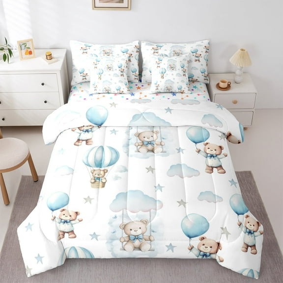 Manfei Kids Kawaii Bear Twin Bedding Sets 7-Piece, Dreamy Cartoon Style Bedding Comforter Set, Stars Cloud Print Reversible Sheet Sets, Luxury Bedroom Decor