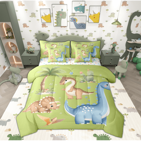 Manfei Kids Kawaii Dinosaur Bedding Comforter Set 7-Piece, Rustic Flower Plant King Bedding Sets, Green Cute Cartoon Reversible Bed Sheets, Microfiber Bedroom Decor