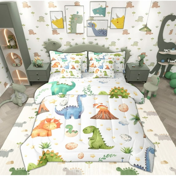 Manfei Kids Kawaii Dinosaur Egg Twin Bedding Sets 7-Piece, Rustic Flower Plant Bedding Comforter Set, Cute Cartoon Reversible Sheet Sets, Lightweight Room Decor