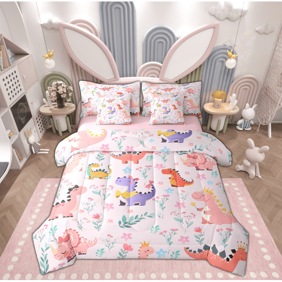 Manfei Kids Kawaii Dinosaur Twin Bedding Sets 7-Piece, Rustic Flower Plant Bedding Comforter Set, Pink Cute Cartoon Reversible Sheet Sets, Microfiber Bedroom Decor