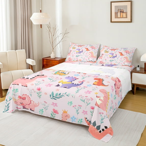 Manfei Kids Kawaii Dinosaur Twin Sheet Sets, Rustic Flower Plant Twin Fitted Sheet, Pink Cute Cartoon Flat Sheet, Microfiber Bedroom Decor, 3 Pieces