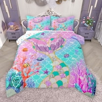 Manfei Kids Kawaii Mermaid Bedding Comforter Set, Pink Blue Twin Comforter Sets, Kawaii Jellyfish Starfish Reversible Bedding Set, Microfiber Bedroom Decor, 2pcs