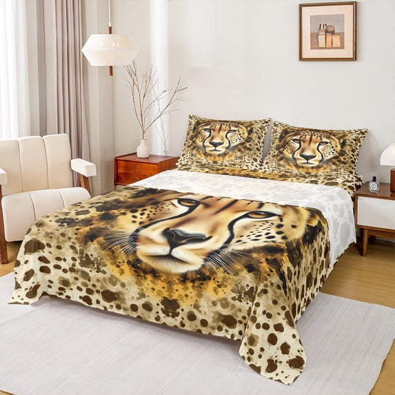Manfei Kids Leopard Wildlife Queen Sheet Sets, Jungle Animal Flat Sheet, Fashion Cheetah Print Queen Fitted Sheet, Microfiber Bedroom Decor, 4 Pieces