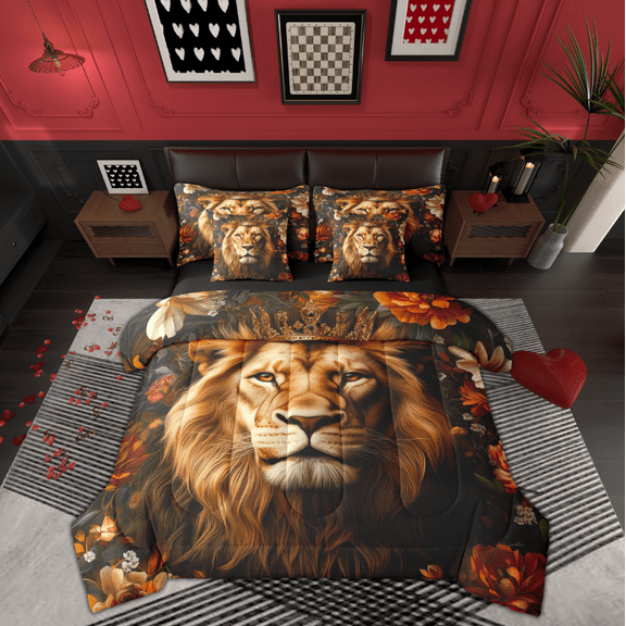 Manfei Kids Lion King Bedding Comforter Set 7-Piece, Jungle Wildlife Animal King Bedding Sets, Vintage Flower Reversible Bed Sheets, Microfiber Bedroom Decor