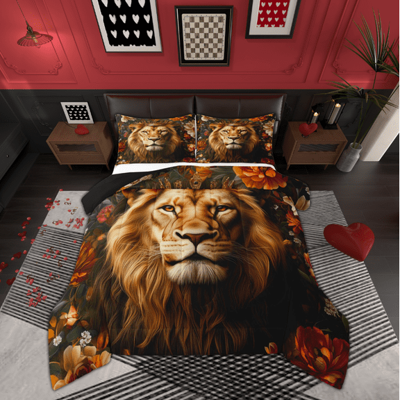 Manfei Kids Lion King Queen Comforter Set, Jungle Wildlife Animal Bedding Sets, Vintage Flower Reversible Bedding Comforter Set, Microfiber Bedroom Decor, 3 Pieces