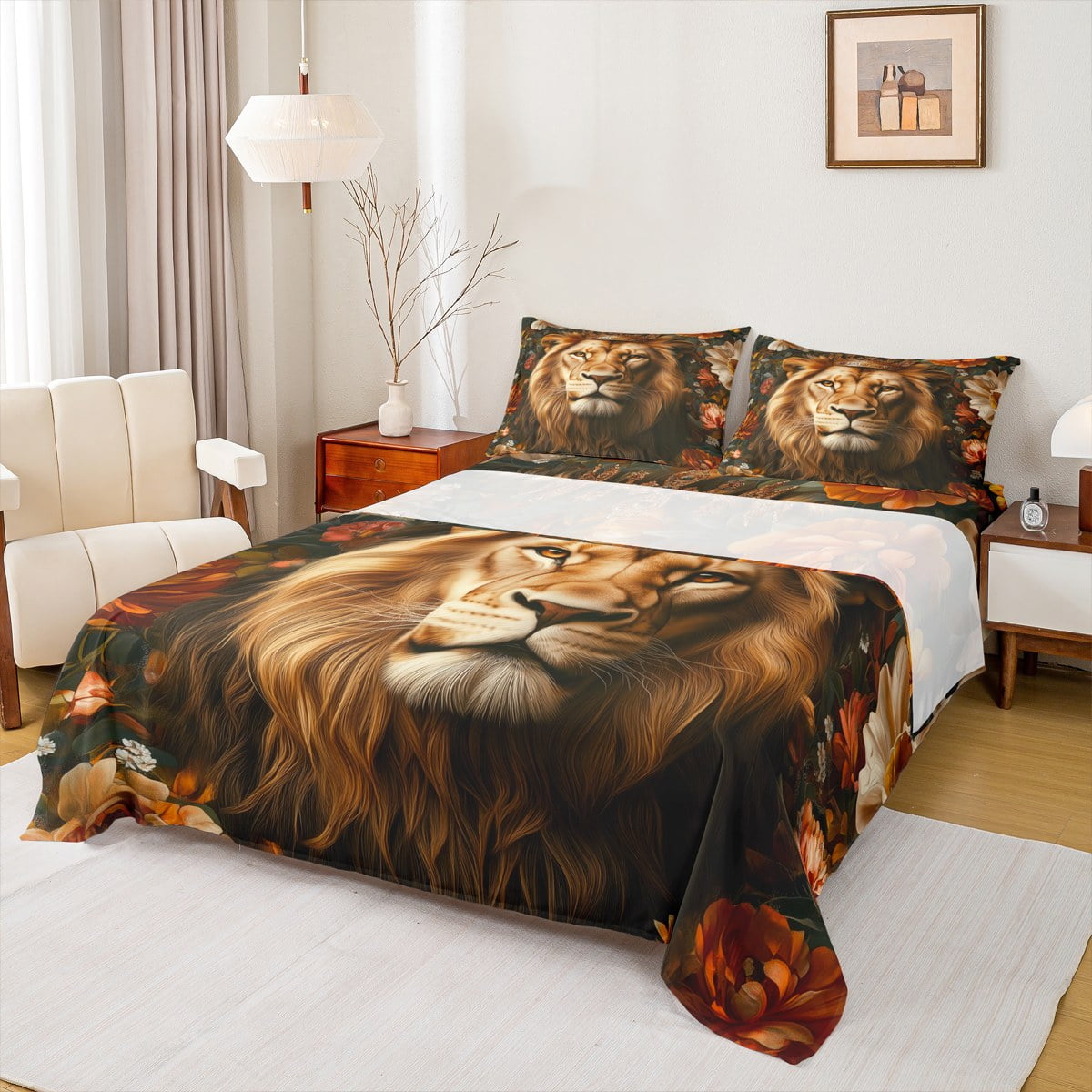 Manfei Woodland Wildlife Full Size Sheets for Teens, Jungle Lion
