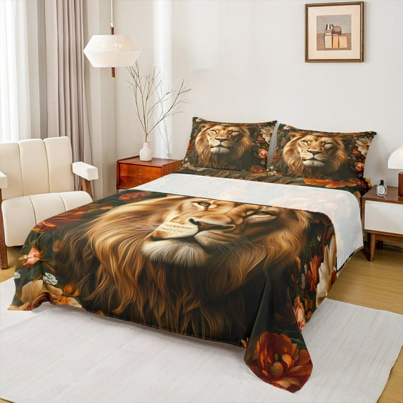 Manfei Kids Lion King Twin Sheet Sets, Jungle Wildlife Animal Twin Fitted Sheet, Vintage Flower Flat Sheet, Microfiber Bedroom Decor, 3 Pieces