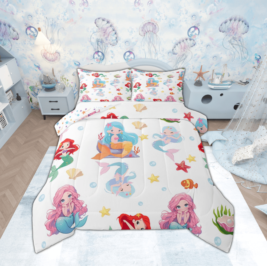 Manfei Kids Mermaid Princess Queen Comforter Set, Cartoon Cute Seashell ...
