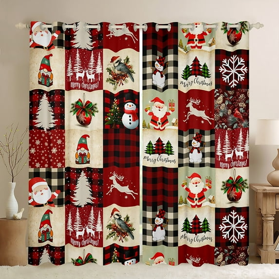 Manfei Kids Merry Christmas Curtains Pack of 2 (42x84 Each), Wheat Red Patchwork Curtains Blackout, Santa Claus Snowman Bedroom Curtains, Black Out Curtains Home Decor