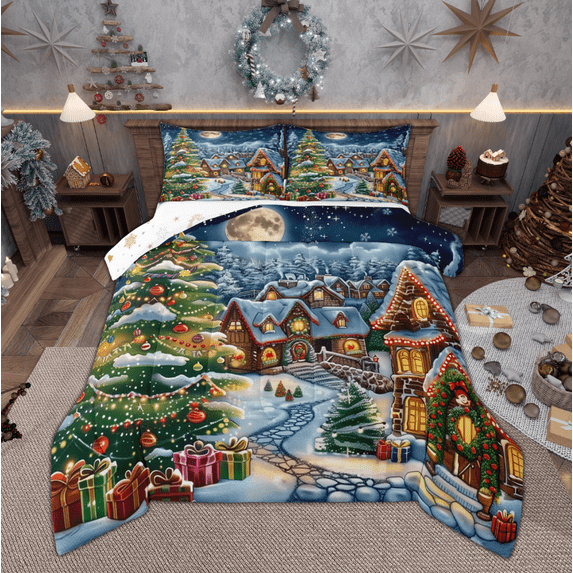 Manfei Kids Merry Xmas Full Size Comforter Sets for Boys Girls, Cute Gingerbread House Bedding Comforter Set, Christmas Tree Bedding Sets, Lightweight Room Decor, Reversible 3 Pieces