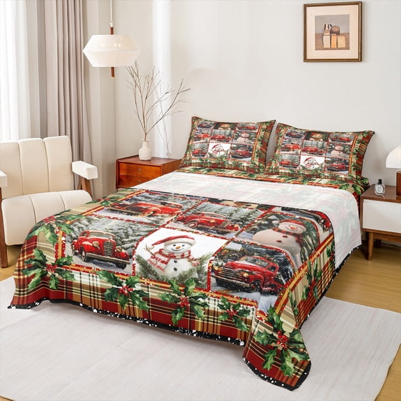 Manfei Kids Merry Xmas Gifts Twin Sheet Sets, Snowman Farm Truck Twin Fitted Sheet, Christmas Red Green Flat Sheet, Super Cozy Room Decor3 Pieces