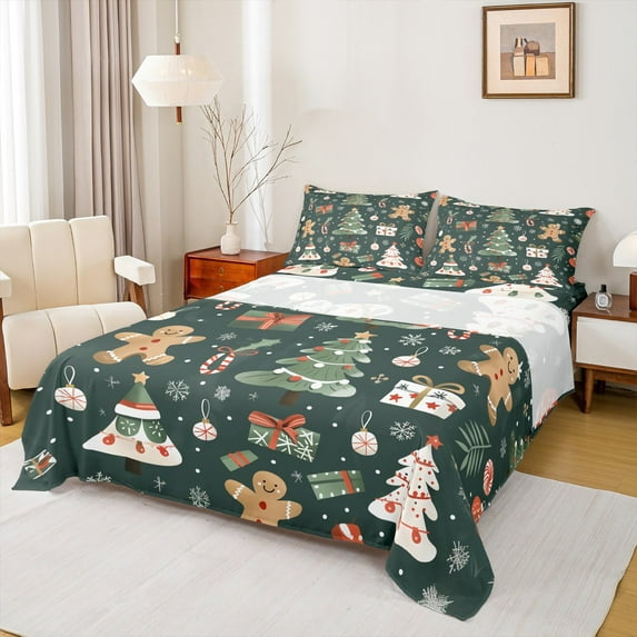 Manfei Kids Merry Xmas Theme Bed Sheets 4 Pieces, Gingerbread Christmas Tree King Sheets, Snowflakes Gifts Sheet Set, Microfiber Bedroom Decor
