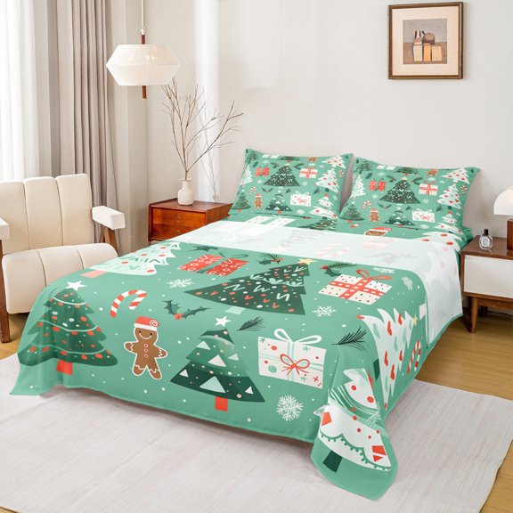 Manfei Kids Merry Xmas Theme Twin Sheet Sets 3 Pieces, Gingerbread Christmas Tree Twin Fitted Sheet, Snowflakes Gifts Flat Sheet, Breathable Home Decor
